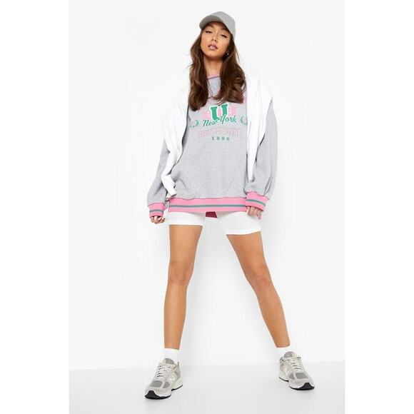 Boohoo Buffalo Striped Hem Oversized Sweatshirt Gray Pink Green Size XL - Picture 4 of 9